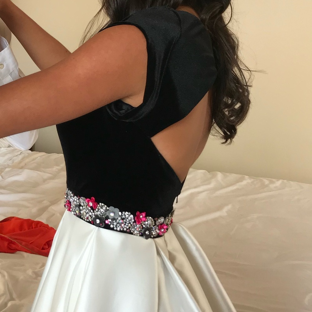 Tiffany Designs Black Velvet and White Satin Prom Dress - Picture 5 of 7